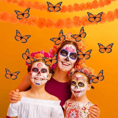 65 Pcs Day of The Dead Decorations, Dia De Los Muertos Decor 50 Artificial Flowers,1 Marigold Garland,1 Mexican Party Banner,1 Table Runner,12 Monarch Butterflies Altar Decor for Diwali Party in Saudi Arabia