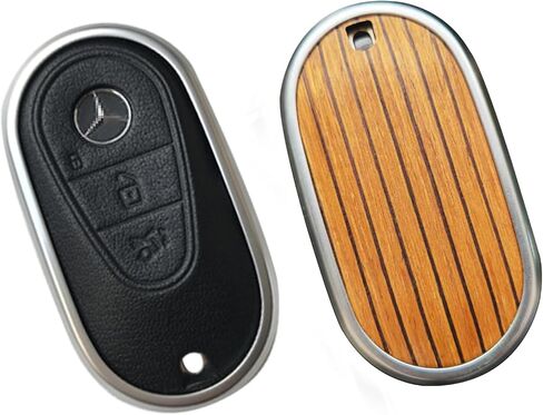 for Mercedes Benz Key case Key fob Cover Made of Real Wood Veneer Genuine Leather Key Fob Shell Gift Compatible C GLC E S ect 2022-2023-newer (Walnut, White Leather) in Saudi Arabia