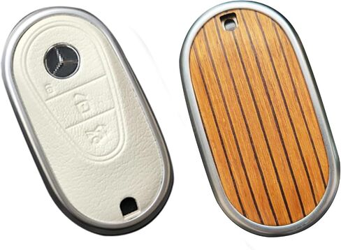for Mercedes Benz Key case Key fob Cover Made of Real Wood Veneer Genuine Leather Key Fob Shell Gift Compatible C GLC E S ect 2022-2023-newer (Walnut, White Leather) in Saudi Arabia