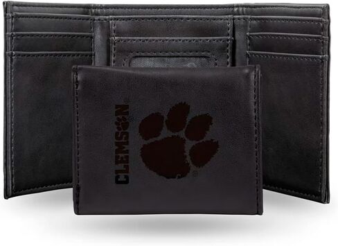 محفظة سوداء ثلاثية الطي للرجال من Rico Industries NCAA Clemson Tigers - شعار الفريق الفاخر 9 جيوب محفور بالليزر على جلد نباتي - تصميم بسيط، نافذة لبطاقة الهوية، حامل بطاقة الائتمان - هدية مثالية للرجال in Saudi Arabia
