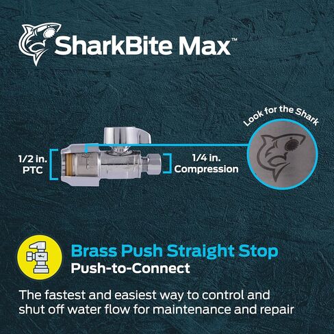 SharkBite Max 1/2 x 3/8 Inch Compression Straight Stop Valve, Quarter Turn, Push to Connect Brass Plumbing Fitting, PEX Pipe, Copper, CPVC, PE-RT, HDPE, UR23037 in Saudi Arabia