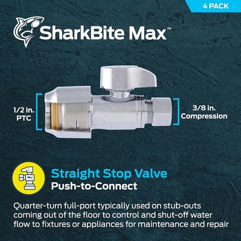 SharkBite Max 1/2 x 3/8 Inch Compression Straight Stop Valve, Quarter Turn, Push to Connect Brass Plumbing Fitting, PEX Pipe, Copper, CPVC, PE-RT, HDPE, UR23037 in Saudi Arabia