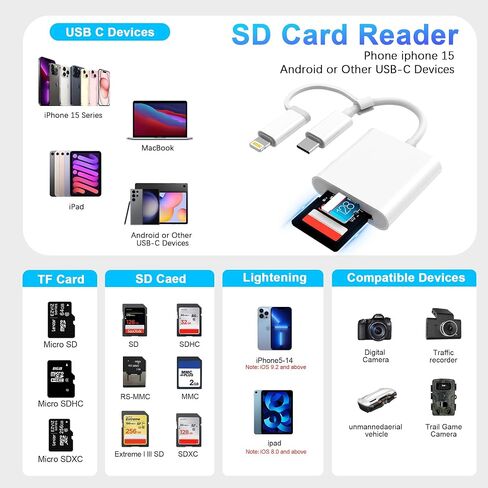 قارئ كاميرا Lightning to SD Card لجهاز iPhone iPad، قارئ بطاقة الذاكرة Trail Camera Viewer SD محول بطاقة SD لهاتف iPhone 12/11/XS/XR/X/8/7/iPad، التوصيل والتشغيل in Kuwait