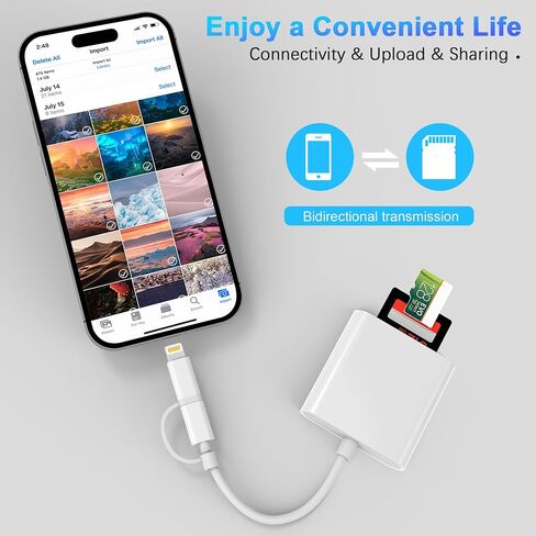 قارئ كاميرا Lightning to SD Card لجهاز iPhone iPad، قارئ بطاقة الذاكرة Trail Camera Viewer SD محول بطاقة SD لهاتف iPhone 12/11/XS/XR/X/8/7/iPad، التوصيل والتشغيل in Kuwait