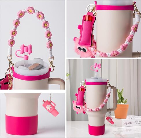Stanley Cup Accessories Set I Water Bottle Handle Strap, Silicone Cup Boot, Lipstick Holder, Keychain Charms & Handle Charms,Straw Topper Accessories for White Stanley Cup 40oz/30oz in Saudi Arabia