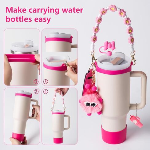 Stanley Cup Accessories Set I Water Bottle Handle Strap, Silicone Cup Boot, Lipstick Holder, Keychain Charms & Handle Charms,Straw Topper Accessories for White Stanley Cup 40oz/30oz in Saudi Arabia