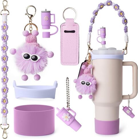 Stanley Cup Accessories Set I Water Bottle Handle Strap, Silicone Cup Boot, Lipstick Holder, Keychain Charms & Handle Charms,Straw Topper Accessories for White Stanley Cup 40oz/30oz in Saudi Arabia