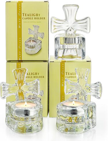 H&D HYALINE & DORA Set of 3 Clear Glass Cross Candle Holder 4" High Christian Tea Light Holder Cross Crystal Votive Candle Holders for Religious Gift in Box in Kuwait