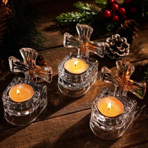 H&D HYALINE & DORA Set of 3 Clear Glass Cross Candle Holder 4" High Christian Tea Light Holder Cross Crystal Votive Candle Holders for Religious Gift in Box in Kuwait