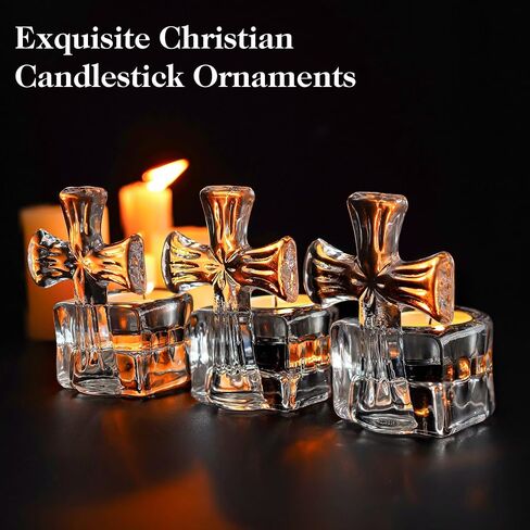 H&D HYALINE & DORA Set of 3 Clear Glass Cross Candle Holder 4" High Christian Tea Light Holder Cross Crystal Votive Candle Holders for Religious Gift in Box in Kuwait