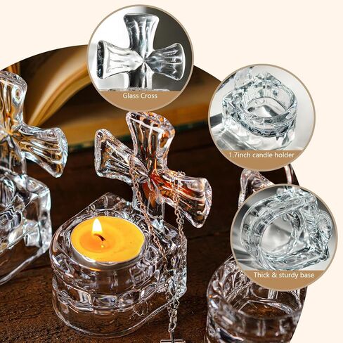 H&D HYALINE & DORA Set of 3 Clear Glass Cross Candle Holder 4" High Christian Tea Light Holder Cross Crystal Votive Candle Holders for Religious Gift in Box in Kuwait