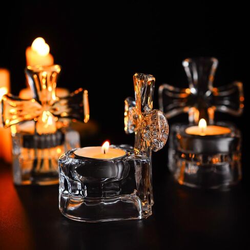 H&D HYALINE & DORA Set of 3 Clear Glass Cross Candle Holder 4" High Christian Tea Light Holder Cross Crystal Votive Candle Holders for Religious Gift in Box in Kuwait