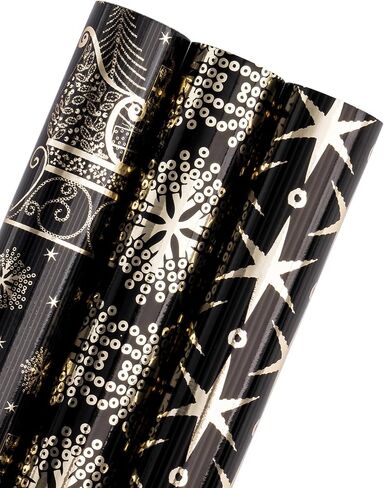 WRAPAHOLIC Christmas Wrapping Paper Roll - Mini Roll - 3 Rolls - 17 Inch X 120 Inch Per Roll - Black and Gold Reindeer Family, Snowflake Holiday Collection with Metallic Foil Shine in Saudi Arabia