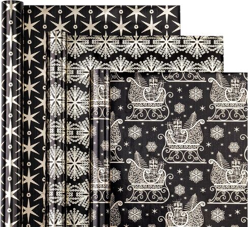 WRAPAHOLIC Christmas Wrapping Paper Roll - Mini Roll - 3 Rolls - 17 Inch X 120 Inch Per Roll - Black and Gold Reindeer Family, Snowflake Holiday Collection with Metallic Foil Shine in Saudi Arabia