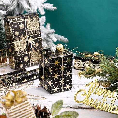 WRAPAHOLIC Christmas Wrapping Paper Roll - Mini Roll - 3 Rolls - 17 Inch X 120 Inch Per Roll - Black and Gold Reindeer Family, Snowflake Holiday Collection with Metallic Foil Shine in Saudi Arabia