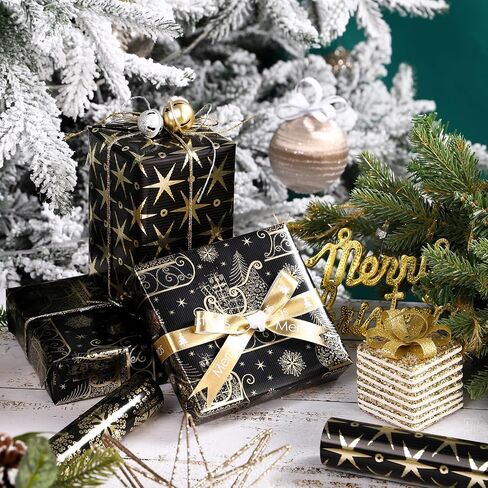 WRAPAHOLIC Christmas Wrapping Paper Roll - Mini Roll - 3 Rolls - 17 Inch X 120 Inch Per Roll - Black and Gold Reindeer Family, Snowflake Holiday Collection with Metallic Foil Shine in Saudi Arabia
