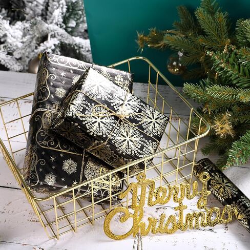 WRAPAHOLIC Christmas Wrapping Paper Roll - Mini Roll - 3 Rolls - 17 Inch X 120 Inch Per Roll - Black and Gold Reindeer Family, Snowflake Holiday Collection with Metallic Foil Shine in Saudi Arabia