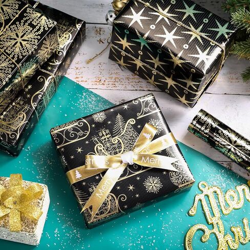 WRAPAHOLIC Christmas Wrapping Paper Roll - Mini Roll - 3 Rolls - 17 Inch X 120 Inch Per Roll - Black and Gold Reindeer Family, Snowflake Holiday Collection with Metallic Foil Shine in Saudi Arabia