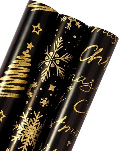 WRAPAHOLIC Christmas Wrapping Paper Roll - Mini Roll - 3 Rolls - 17 Inch X 120 Inch Per Roll - Black and Gold Reindeer Family, Snowflake Holiday Collection with Metallic Foil Shine in Saudi Arabia