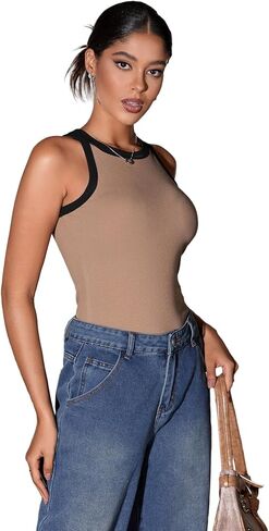 GORGLITTER Women's Color Block Racerback Tank Top Summer Knitted Tops Round Neck Sleeveless Basic Tanks in Saudi Arabia