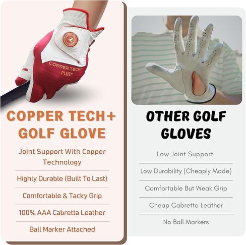 Copper Tech Plus Women's Golf Gloves with Ball Marker - Ladies Golf Gloves with 100% AAA Synthetic Leather - Wrist Support & Breathability - Golf Gloves Left Handed Golfer (Hand Orientation: Right) in Saudi Arabia