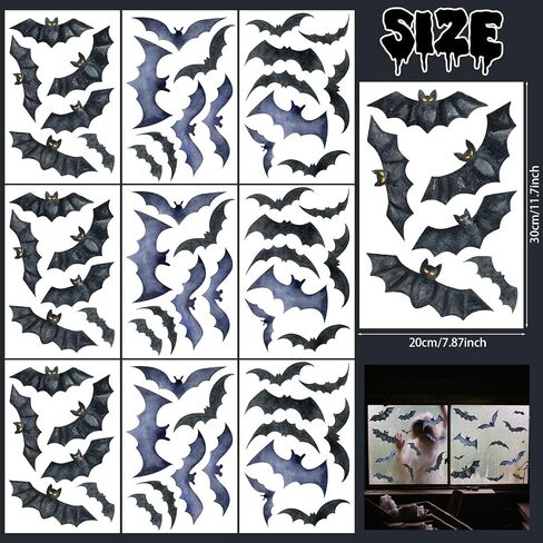 HOWAF 9 Sheets Halloween Bats Window Clings Stickers 70+pcs Black Bats Double Sided Window Decals Halloween Party Decorations, Spider Bats Glass Window Stickers for Halloween Home Supplies in Saudi Arabia