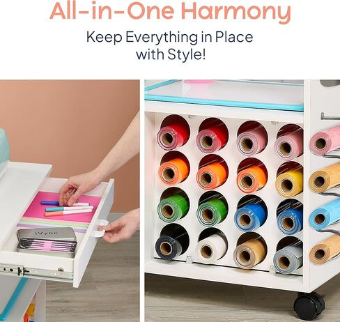 عربة iVyne Craft، طاولة تنظيم وتخزين نهائية للكريكات/الصورة الظلية مع رف معدني، طاولة حرفية مع مساحة تخزين، محطة عمل للملحقات، التوت، لفافات الفينيل، والمزيد - أبيض in Kuwait