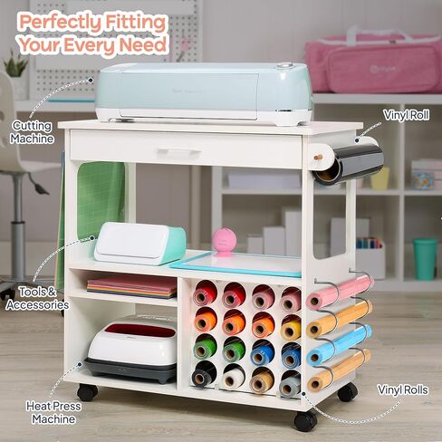 عربة iVyne Craft، طاولة تنظيم وتخزين نهائية للكريكات/الصورة الظلية مع رف معدني، طاولة حرفية مع مساحة تخزين، محطة عمل للملحقات، التوت، لفافات الفينيل، والمزيد - أبيض in Kuwait