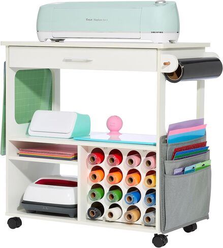 iVyne Craft Cart, Ultimate Organization & Storage Table for Cricut/Silhouette with Metal Rack, Craft Table with Storage, Workstation for Accessories, Berry, Vinyl Rolls, and More - White in Saudi Arabia