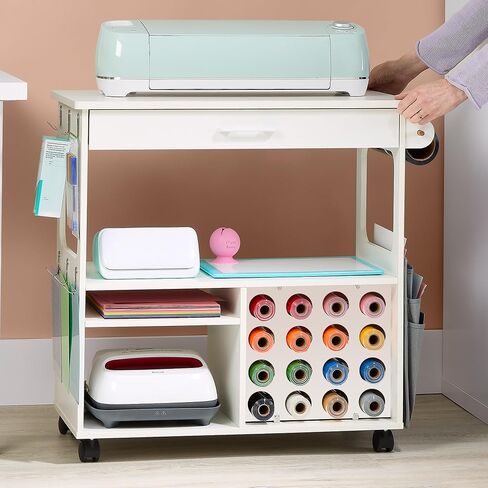 iVyne Craft Cart, Ultimate Organization & Storage Table for Cricut/Silhouette with Metal Rack, Craft Table with Storage, Workstation for Accessories, Berry, Vinyl Rolls, and More - White in Saudi Arabia