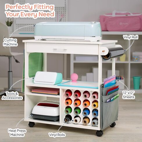 iVyne Craft Cart, Ultimate Organization & Storage Table for Cricut/Silhouette with Metal Rack, Craft Table with Storage, Workstation for Accessories, Berry, Vinyl Rolls, and More - White in Saudi Arabia