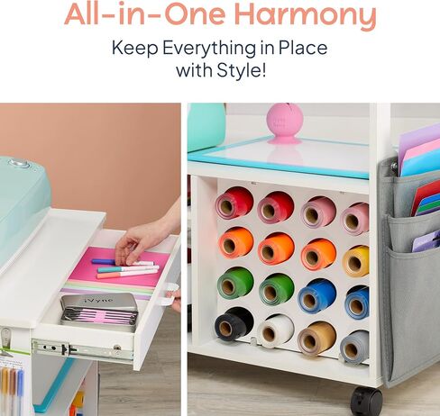 iVyne Craft Cart, Ultimate Organization & Storage Table for Cricut/Silhouette with Metal Rack, Craft Table with Storage, Workstation for Accessories, Berry, Vinyl Rolls, and More - White in Saudi Arabia
