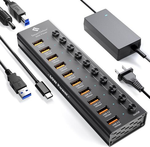 SmartDelux Powered USB Hub - USB 3.0 Ports Hub with 3 Smart Charging Ports, Power Adapter, Long Cord, LEDs (7-port USB Hub) in Kuwait