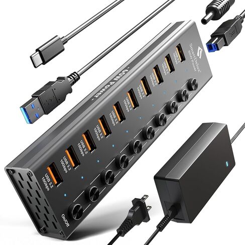 SmartDelux Powered USB Hub - USB 3.0 Ports Hub with 3 Smart Charging Ports, Power Adapter, Long Cord, LEDs (7-port USB Hub) in Kuwait