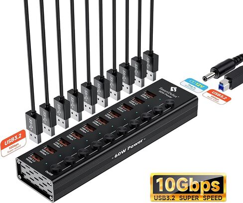 SmartDelux Powered USB Hub - USB 3.0 Ports Hub with 3 Smart Charging Ports, Power Adapter, Long Cord, LEDs (7-port USB Hub) in Kuwait