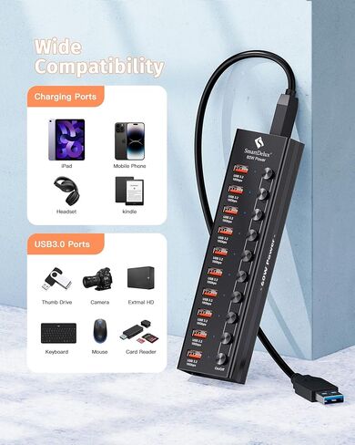 SmartDelux Powered USB Hub - USB 3.0 Ports Hub with 3 Smart Charging Ports, Power Adapter, Long Cord, LEDs (7-port USB Hub) in Kuwait