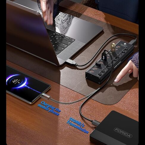 SmartDelux Powered USB Hub - USB 3.0 Ports Hub with 3 Smart Charging Ports, Power Adapter, Long Cord, LEDs (7-port USB Hub) in Kuwait