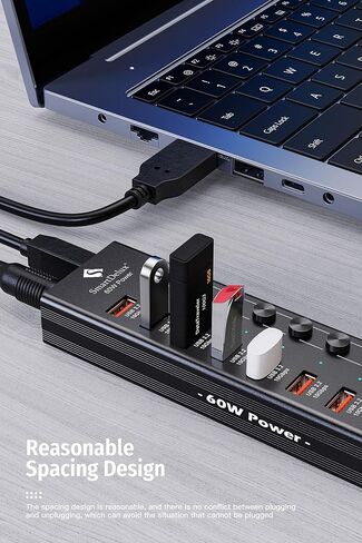 SmartDelux Powered USB Hub - USB 3.0 Ports Hub with 3 Smart Charging Ports, Power Adapter, Long Cord, LEDs (7-port USB Hub) in Kuwait