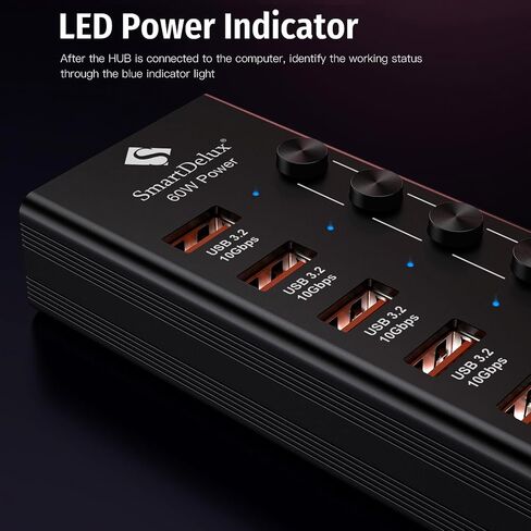 SmartDelux Powered USB Hub - USB 3.0 Ports Hub with 3 Smart Charging Ports, Power Adapter, Long Cord, LEDs (7-port USB Hub) in Kuwait