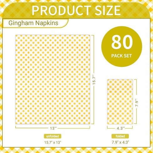 DYLIVeS Yellow Gingham Napkins, 80 Pack Yellow and White Checkered Guest Towel Plaid Party Napkins Disposable Paper Hand Towels for Luncheon, Dinner, Picnic, Birthday, Easter, Graduation Party, 3-Ply in Kuwait