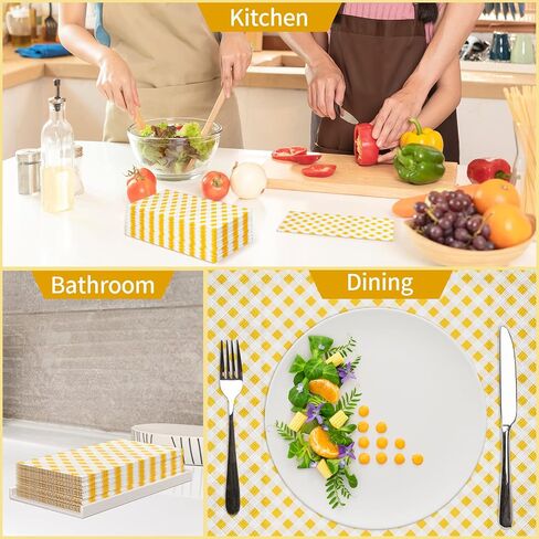 DYLIVeS Yellow Gingham Napkins, 80 Pack Yellow and White Checkered Guest Towel Plaid Party Napkins Disposable Paper Hand Towels for Luncheon, Dinner, Picnic, Birthday, Easter, Graduation Party, 3-Ply in Kuwait