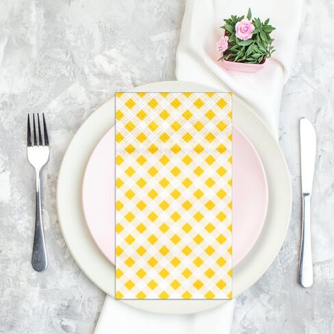 DYLIVeS Yellow Gingham Napkins, 80 Pack Yellow and White Checkered Guest Towel Plaid Party Napkins Disposable Paper Hand Towels for Luncheon, Dinner, Picnic, Birthday, Easter, Graduation Party, 3-Ply in Kuwait