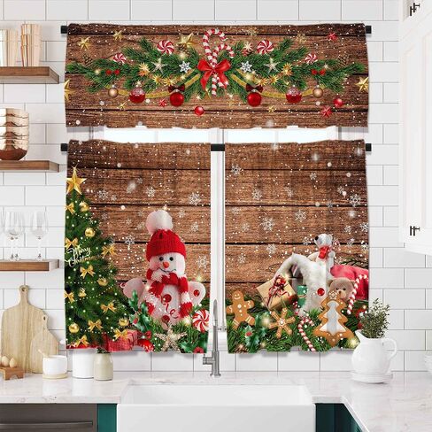 عيد الميلاد نافذة الستائر مجموعة مع الستارة 3pcs شجرة عيد الميلاد الخشبية ثلج المطبخ الستائر مجموعات الستارة قصيرة للحمام وغرفة النوم نافذة غرفة المعيشة in Kuwait