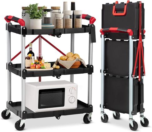 Towallmark Portable Folding Service Cart, 3 Tier Folding Utility Cart, Collapsible Utility Carts for Office, Warehouse, and Home, 56 Lbs Load Capacity per Shelf (Grey & Red) in Kuwait