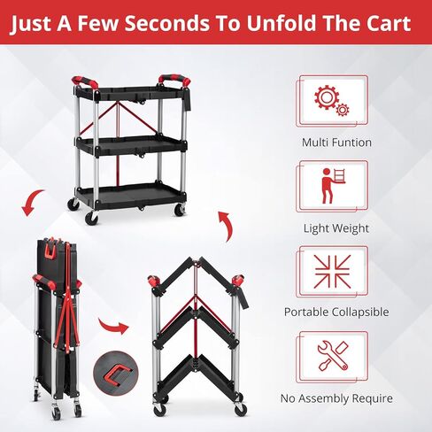 Towallmark Portable Folding Service Cart, 3 Tier Folding Utility Cart, Collapsible Utility Carts for Office, Warehouse, and Home, 56 Lbs Load Capacity per Shelf (Grey & Red) in Kuwait
