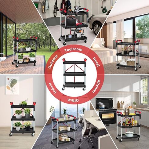 Towallmark Portable Folding Service Cart, 3 Tier Folding Utility Cart, Collapsible Utility Carts for Office, Warehouse, and Home, 56 Lbs Load Capacity per Shelf (Grey & Red) in Kuwait