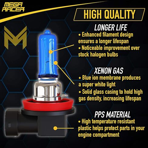 Mega Racer Ultra Bright H9 Halogen Headlight Bulbs - 5000K Super White, 12V 55W, Xenon Gas, PGJ16-5 Base, Automotive High Beam Headlights Replacement, Pack of 2 in Saudi Arabia
