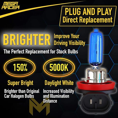 Mega Racer Ultra Bright H9 Halogen Headlight Bulbs - 5000K Super White, 12V 55W, Xenon Gas, PGJ16-5 Base, Automotive High Beam Headlights Replacement, Pack of 2 in Saudi Arabia