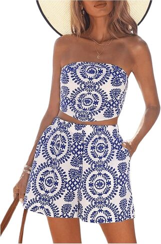 WDIRARA Women's Two Piece Graphic Print Bandeau Crop Tube Tops and High Waist Pockets Shorts Outfits Set in Saudi Arabia
