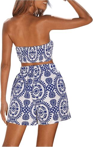 WDIRARA Women's Two Piece Graphic Print Bandeau Crop Tube Tops and High Waist Pockets Shorts Outfits Set in Saudi Arabia